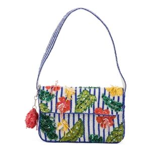 Floral Embellished Striped Shoulder Bag